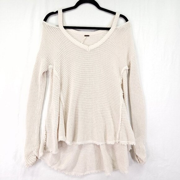 Free People Cold Shoulder Top Women's Small Ivory Raw Fringe Boho Waffle Sweater - Picture 2 of 12